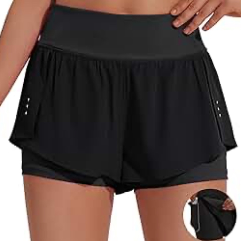 Soothfeel 2 in 1 Running Shorts Workout Athletic Gym Yoga Black Shorts Medium